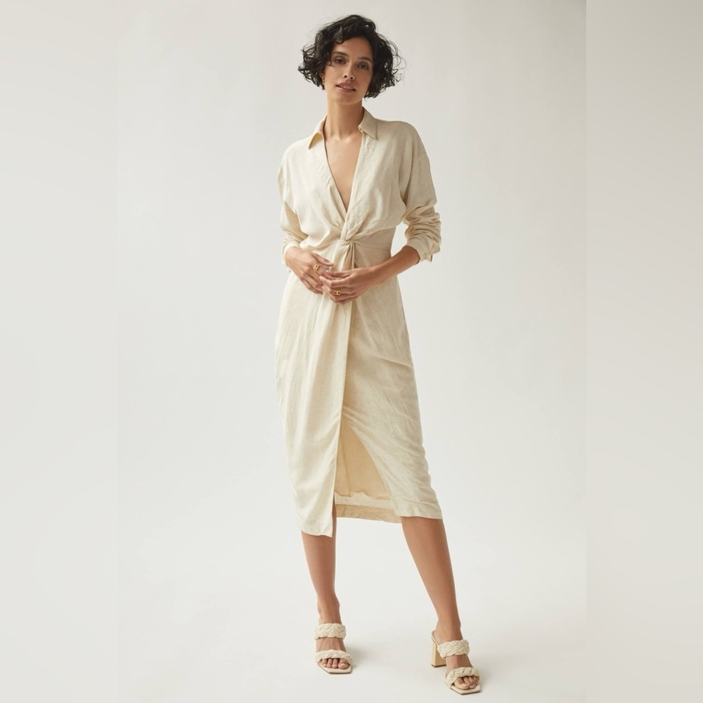By Anthropologie NWT V-Neck Knot Front Linen Blend Ivory Midi Dress Size 10
